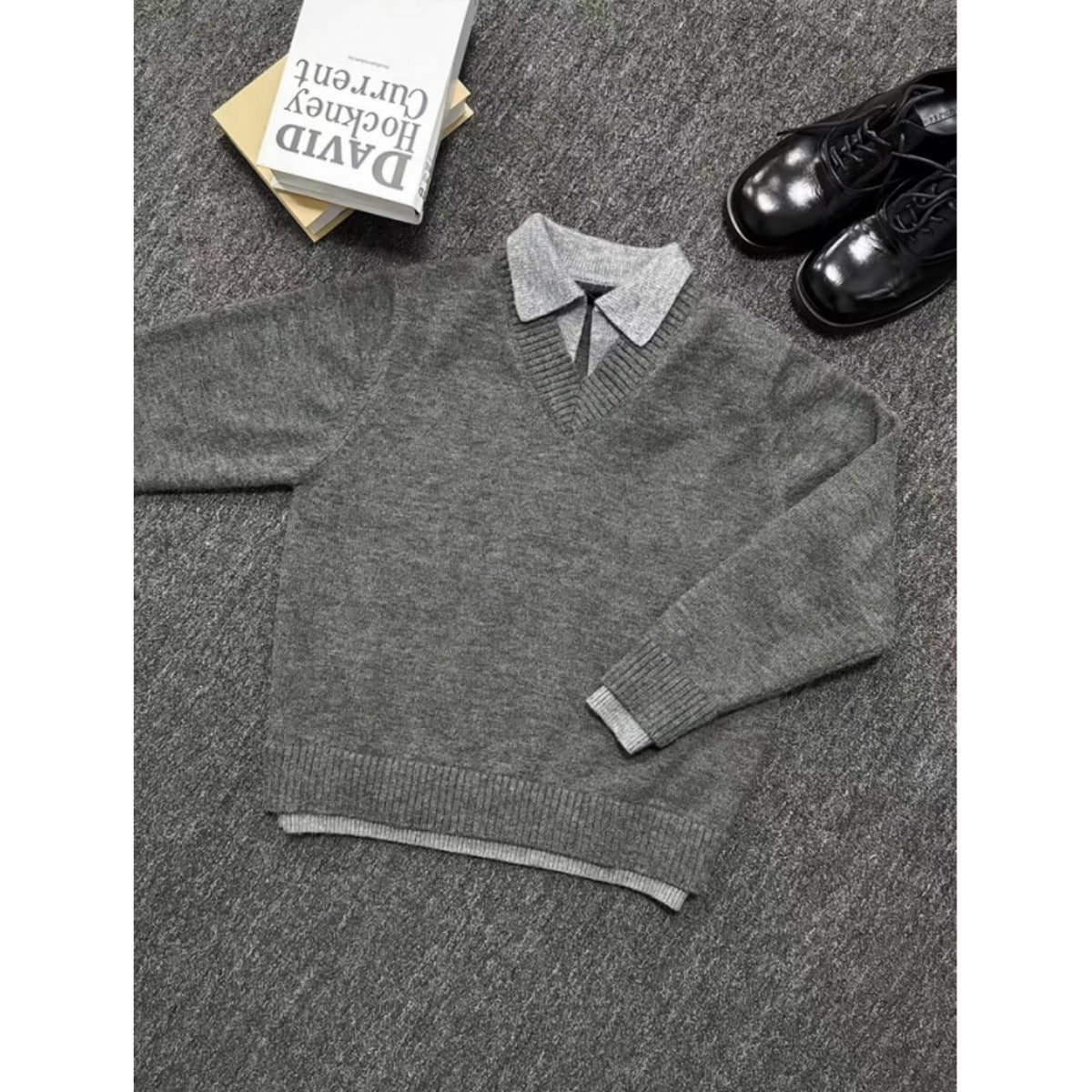 Vintage Fake Two-piece V-neck Sweater Men's Knitted Polo Shirt
