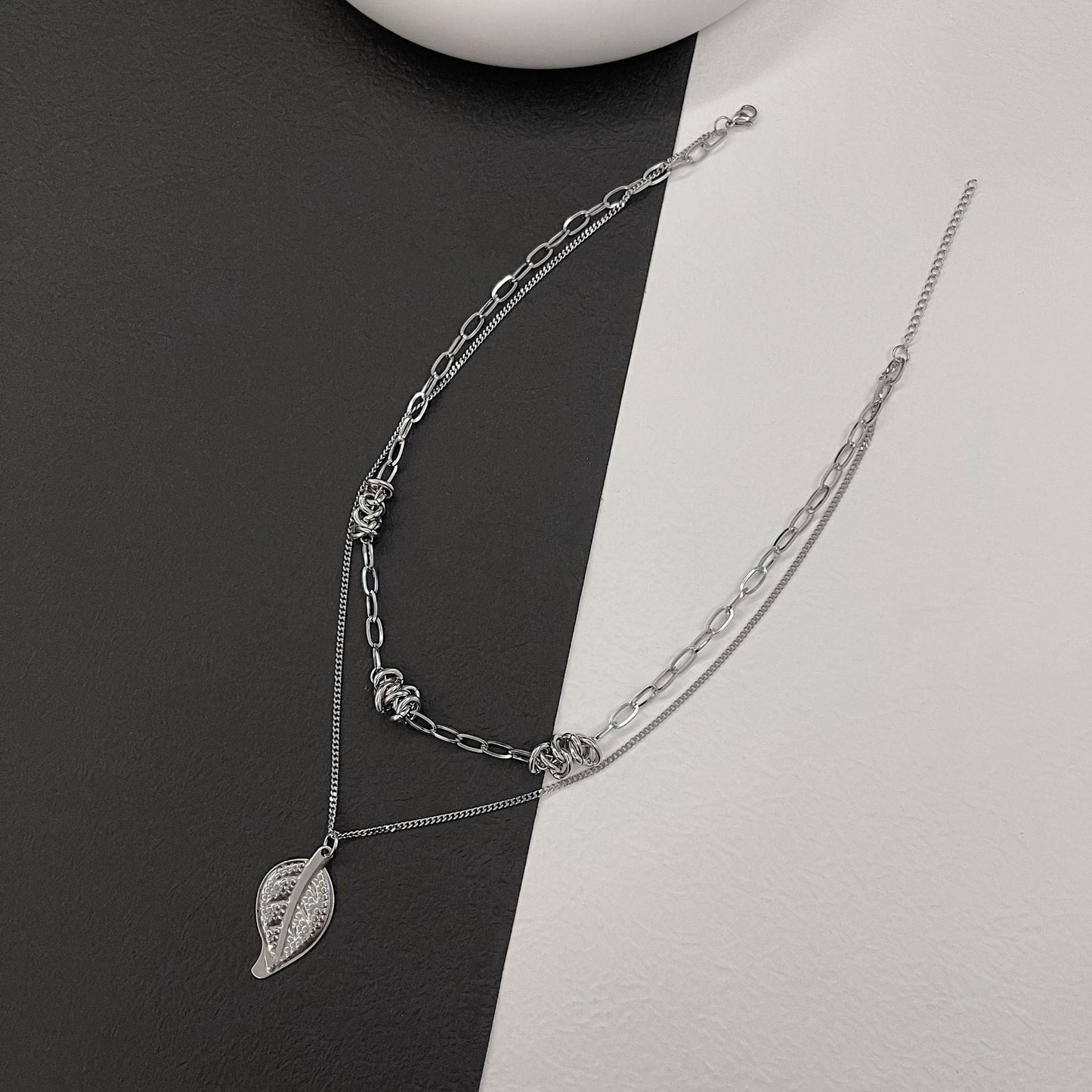 Double Layered Metal Leaf Pendant Knotted Chain Thorns Titanium Steel Necklace