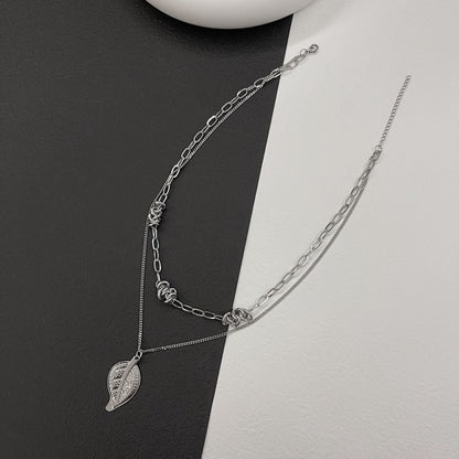 Double Layered Metal Leaf Pendant Knotted Chain Thorns Titanium Steel Necklace