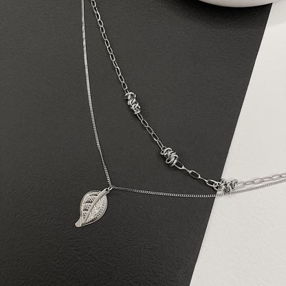 Double Layered Metal Leaf Pendant Knotted Chain Thorns Titanium Steel Necklace