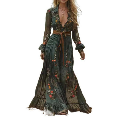 Fashion Fall Maxi Dress For Women Bohemian Retro Floral Print Sheer Sleeve Long Flowy Shirt Dress, Belt Not Included