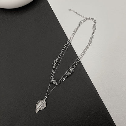 Double Layered Metal Leaf Pendant Knotted Chain Thorns Titanium Steel Necklace
