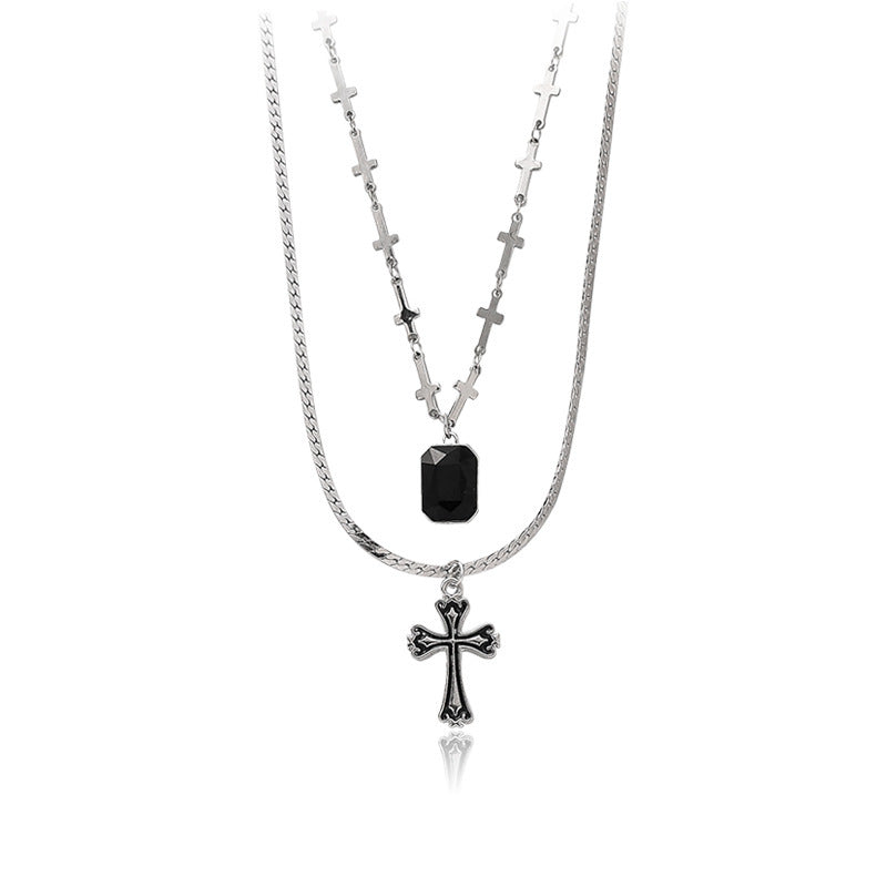 Dark Sweetheart Baroque Cross Pendant Black Rhinestone Double Layered Necklace Clavicle Chain Two Sets Of Chains
