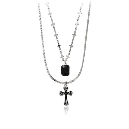 Dark Sweetheart Baroque Cross Pendant Black Rhinestone Double Layered Necklace Clavicle Chain Two Sets Of Chains