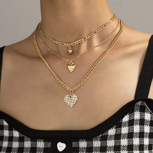 Fashion Heart Pendant Layered Necklace Sweater Chain