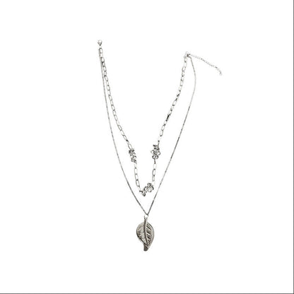 Double Layered Metal Leaf Pendant Knotted Chain Thorns Titanium Steel Necklace
