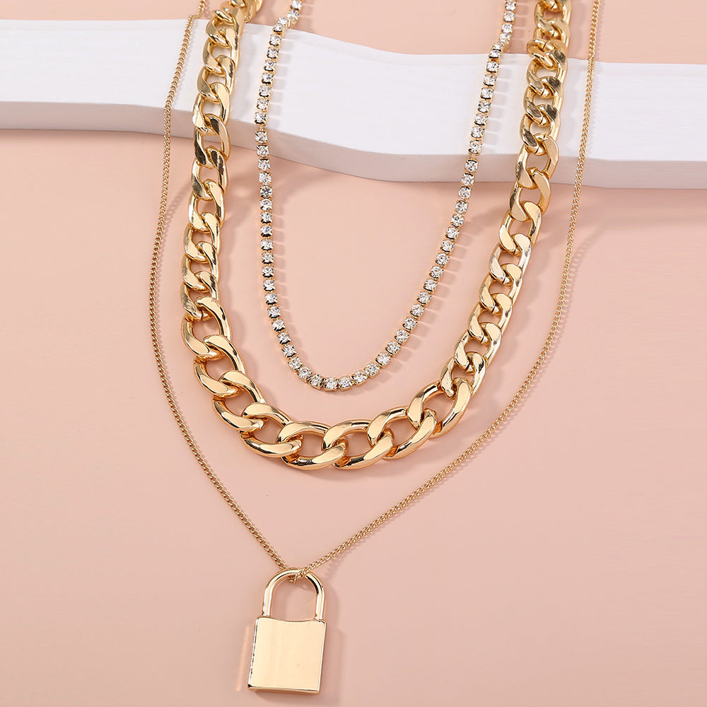 Diamond-studded Multi-layered Chain Pendant Necklace with Heavy Metal Chain