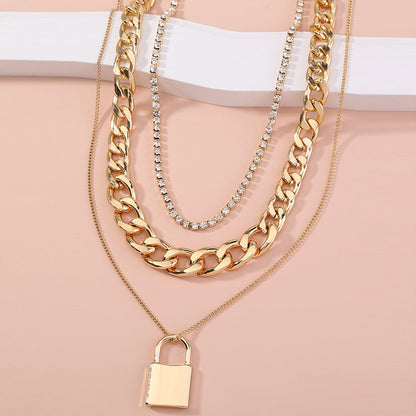 Diamond-studded Multi-layered Chain Pendant Necklace with Heavy Metal Chain