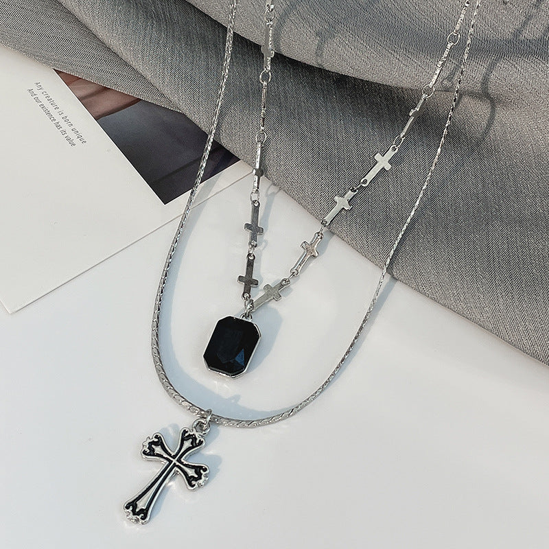 Dark Sweetheart Baroque Cross Pendant Black Rhinestone Double Layered Necklace Clavicle Chain Two Sets Of Chains