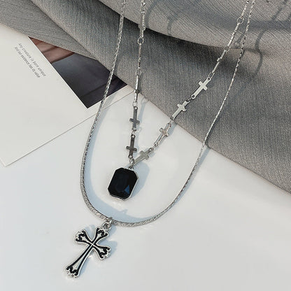 Dark Sweetheart Baroque Cross Pendant Black Rhinestone Double Layered Necklace Clavicle Chain Two Sets Of Chains