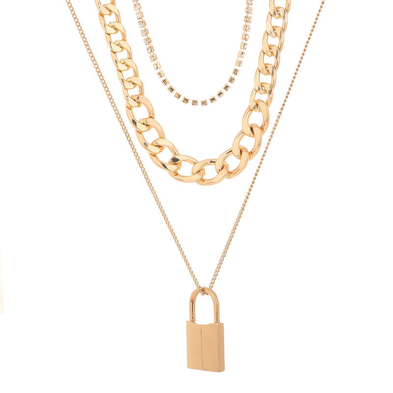 Diamond-studded Multi-layered Chain Pendant Necklace with Heavy Metal Chain