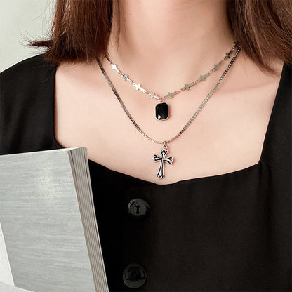 Dark Sweetheart Baroque Cross Pendant Black Rhinestone Double Layered Necklace Clavicle Chain Two Sets Of Chains