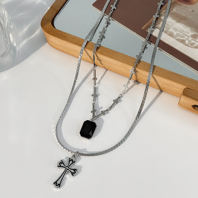 Dark Sweetheart Baroque Cross Pendant Black Rhinestone Double Layered Necklace Clavicle Chain Two Sets Of Chains