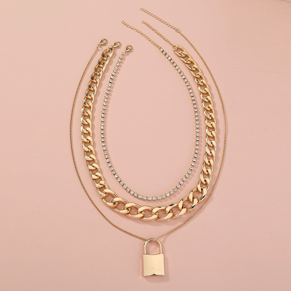 Diamond-studded Multi-layered Chain Pendant Necklace with Heavy Metal Chain