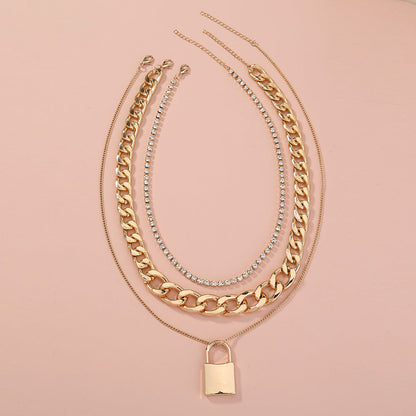 Diamond-studded Multi-layered Chain Pendant Necklace with Heavy Metal Chain