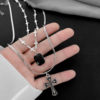 Dark Sweetheart Baroque Cross Pendant Black Rhinestone Double Layered Necklace Clavicle Chain Two Sets Of Chains