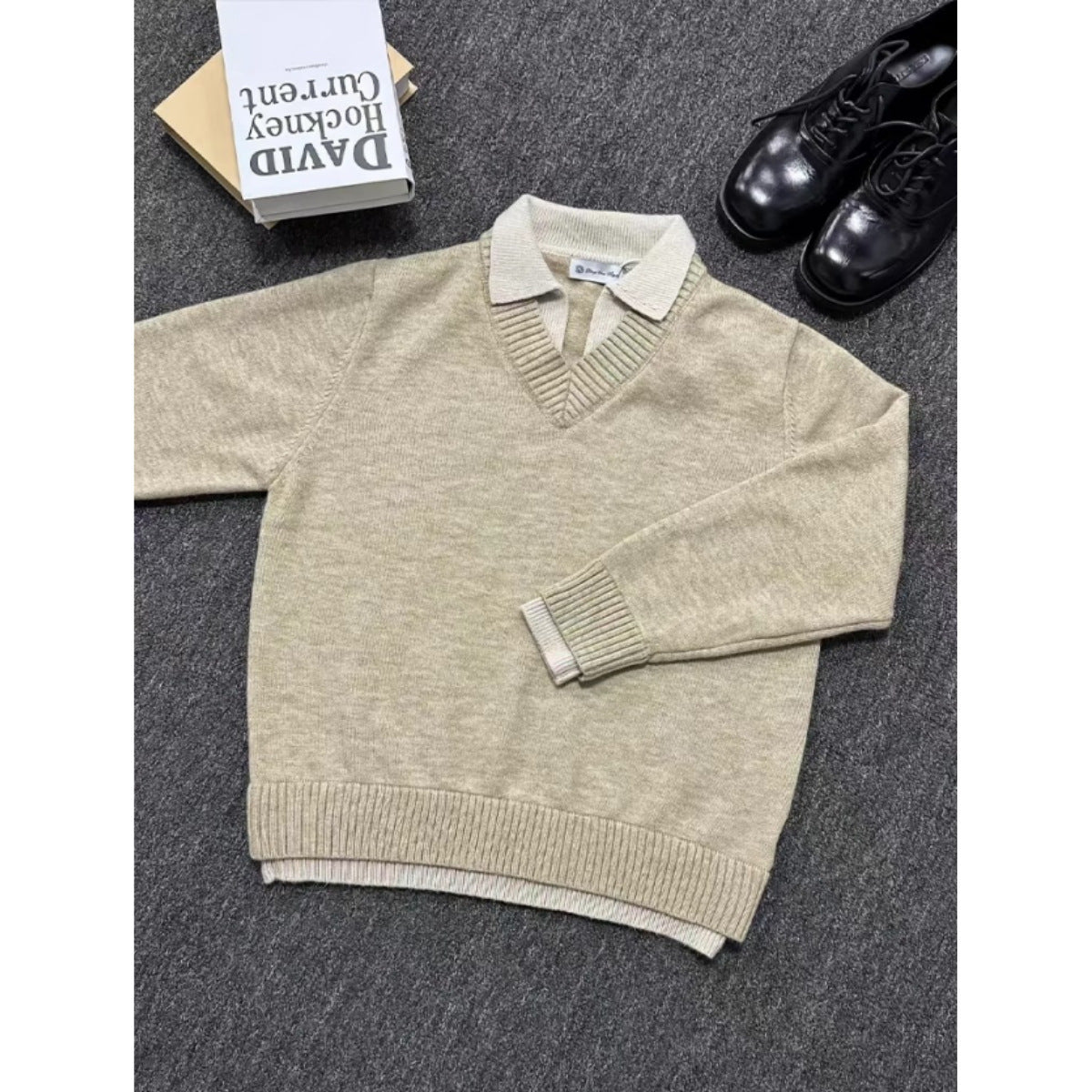 Vintage Fake Two-piece V-neck Sweater Men's Knitted Polo Shirt