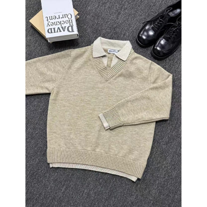 Vintage Fake Two-piece V-neck Sweater Men's Knitted Polo Shirt