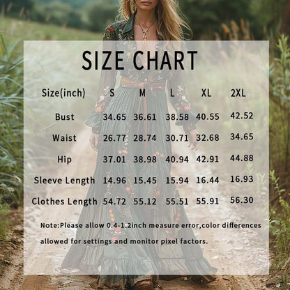 Fashion Fall Maxi Dress For Women Bohemian Retro Floral Print Sheer Sleeve Long Flowy Shirt Dress, Belt Not Included