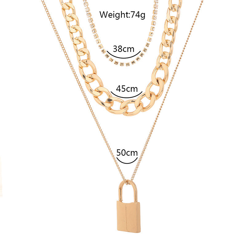 Diamond-studded Multi-layered Chain Pendant Necklace with Heavy Metal Chain