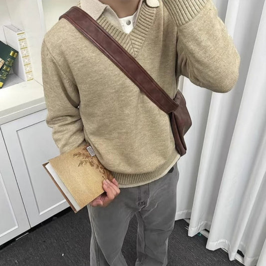 Vintage Fake Two-piece V-neck Sweater Men's Knitted Polo Shirt