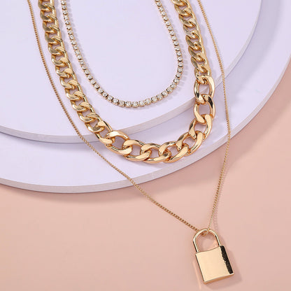 Diamond-studded Multi-layered Chain Pendant Necklace with Heavy Metal Chain
