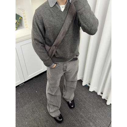Vintage Fake Two-piece V-neck Sweater Men's Knitted Polo Shirt